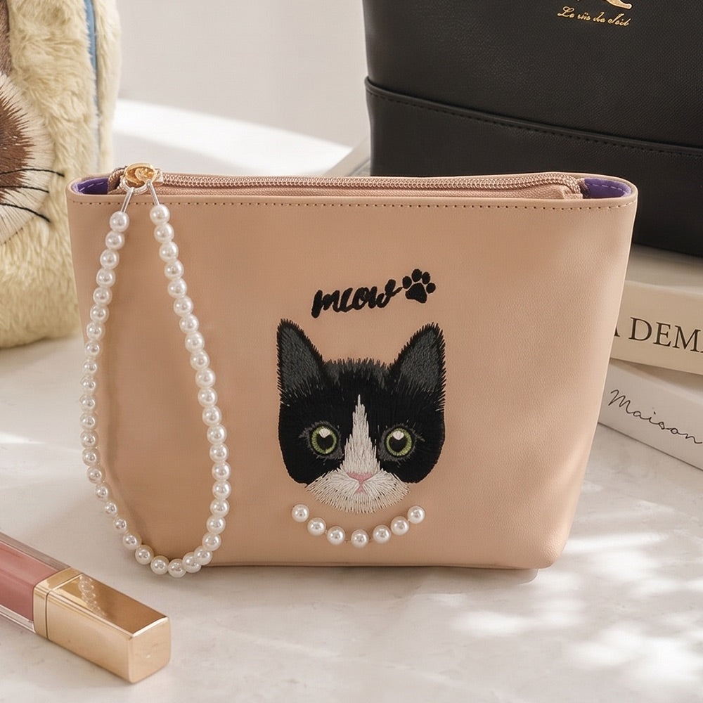 キャットフェイス刺繍舟形ポーチ