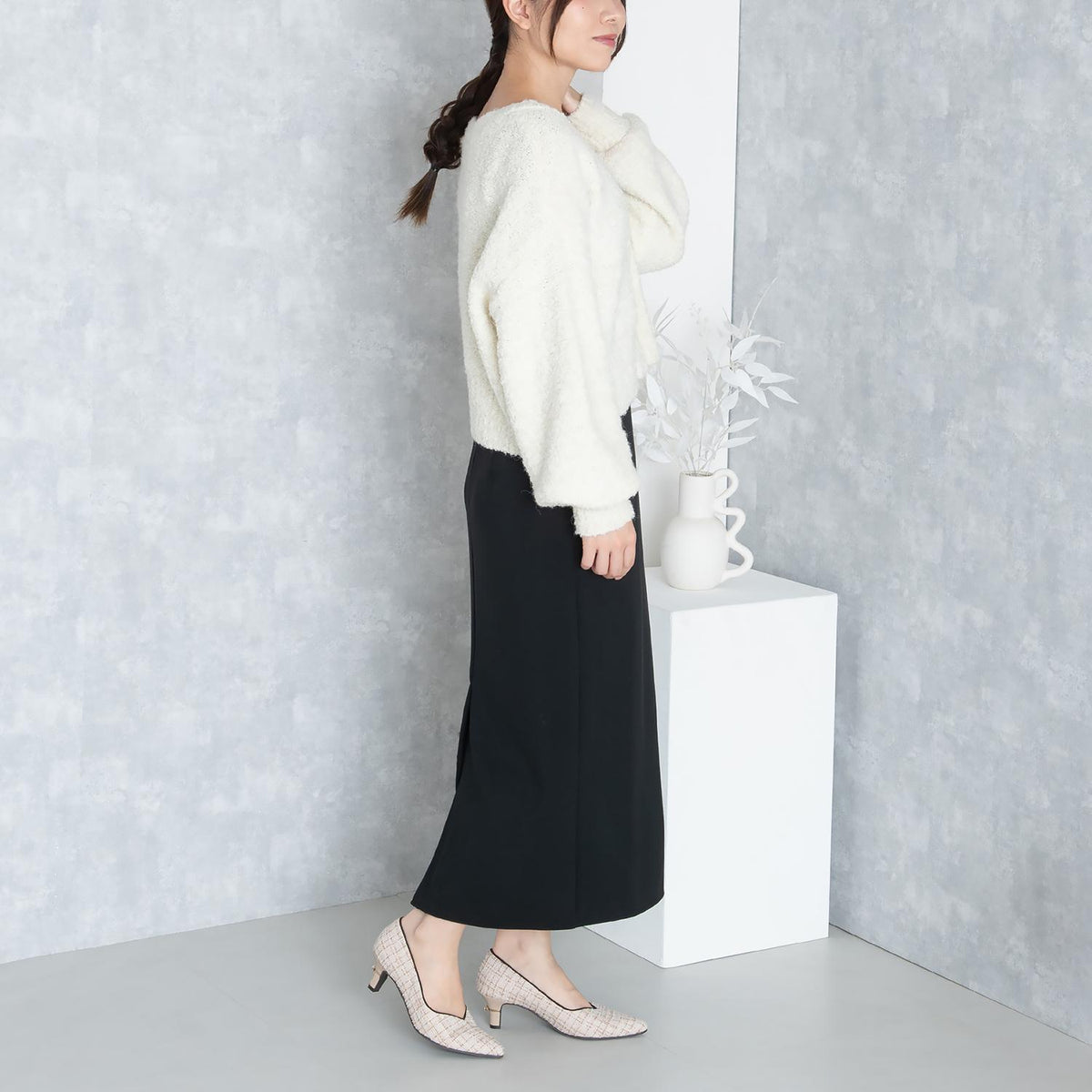 【ふわさら】ポインテッドパールリングヒールツイードパンプス