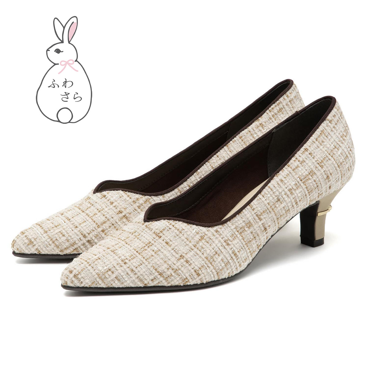 【ふわさら】ポインテッドパールリングヒールツイードパンプス