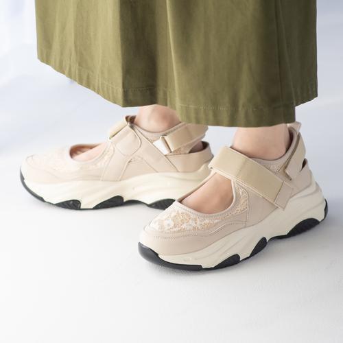 ゴムストラップレースメッシュスニーカー
