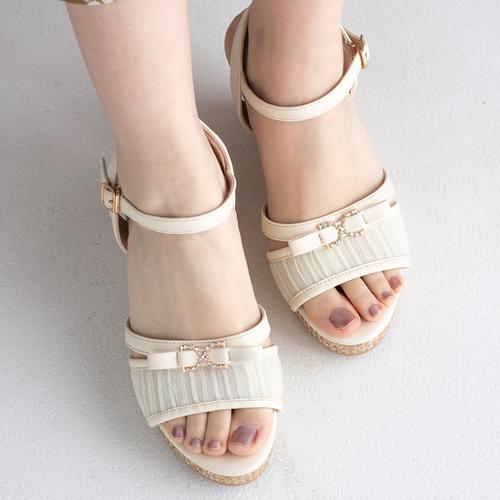 ビジューリボンウェッジサンダル