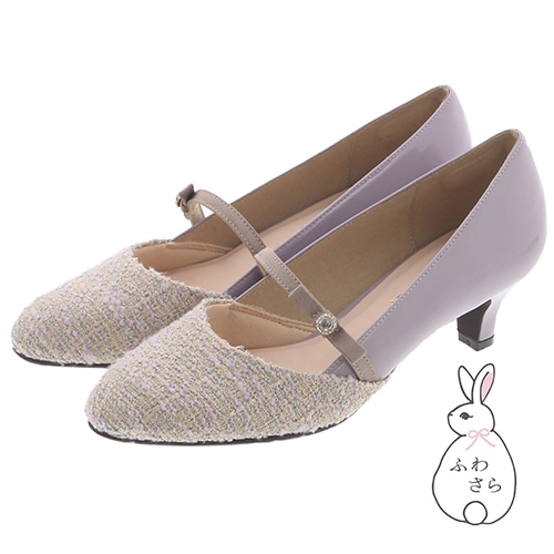 ビジューリボンストラップコンビパンプス<ふわさら>/204-22926(23.0cm