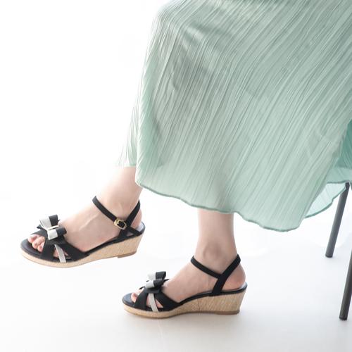 2WAYバイカラーリボンウェッジサンダル