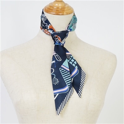 ブルー系モチーフプリントナロースカーフ